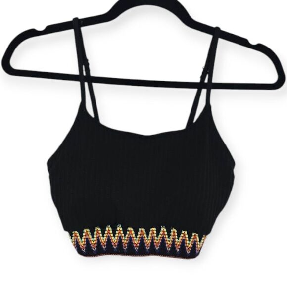 Shein Swim Size Small Chevron Tape Bikini Top Swim Boho Black Stretch Adjustable - Picture 1 of 3
